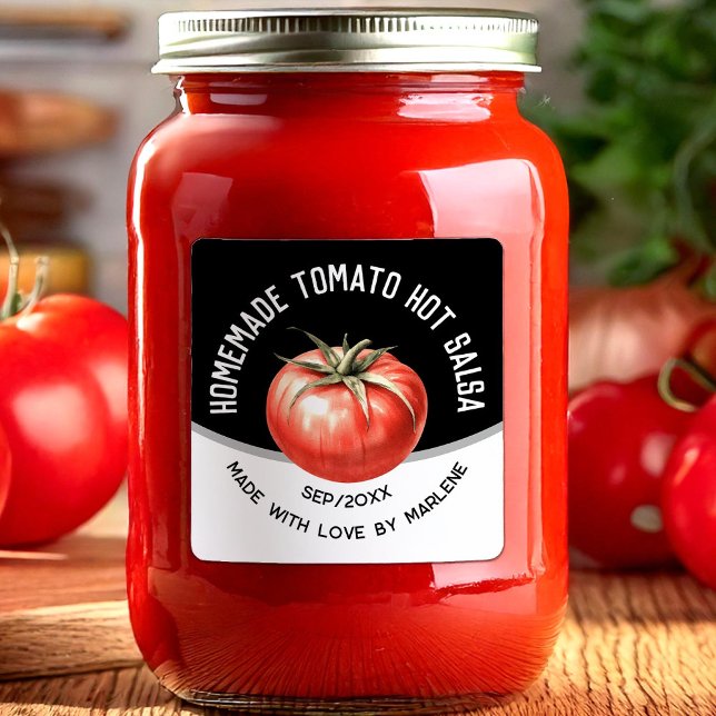 Tomatensalsa mit roter Tomate Quadratischer Aufkleber (Von Creator hochgeladen)