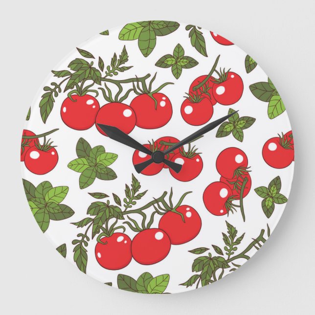 Tomato Basil Seamless Kitchen Muster Große Wanduhr (Vorderseite)