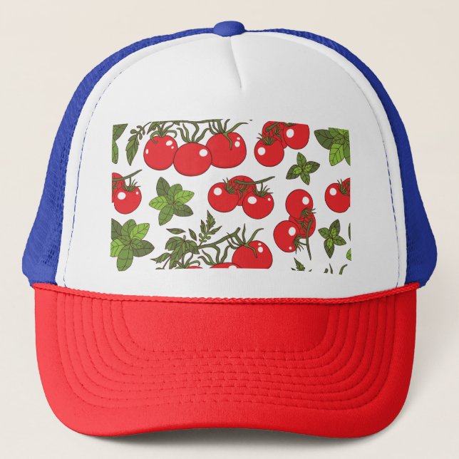 Tomato Basil Seamless Kitchen Muster Truckerkappe (Vorderseite)