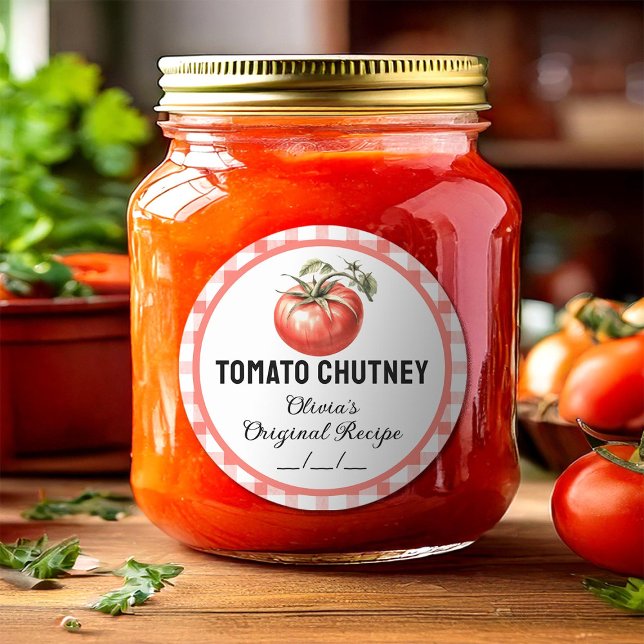 Tomato-Chutney-Konservenetikett mit karierte Ausfü Runder Aufkleber (Von Creator hochgeladen)