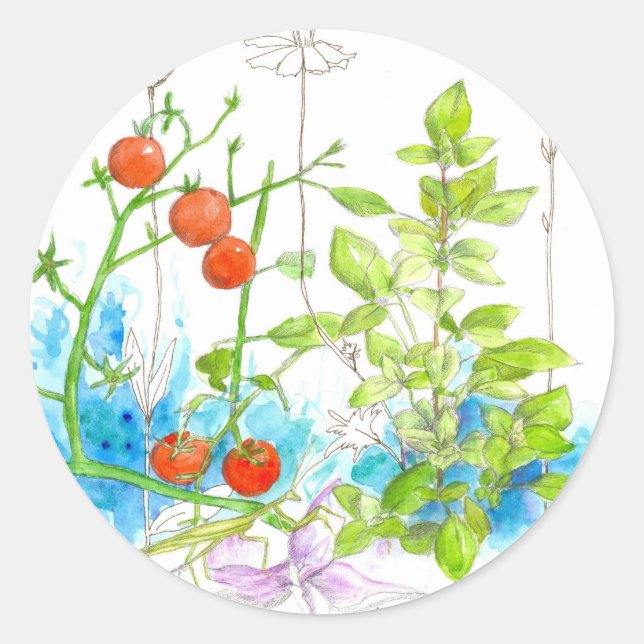 Tomato Kräutergarten Gemüse Wasserfarbe Runder Aufkleber (Vorderseite)