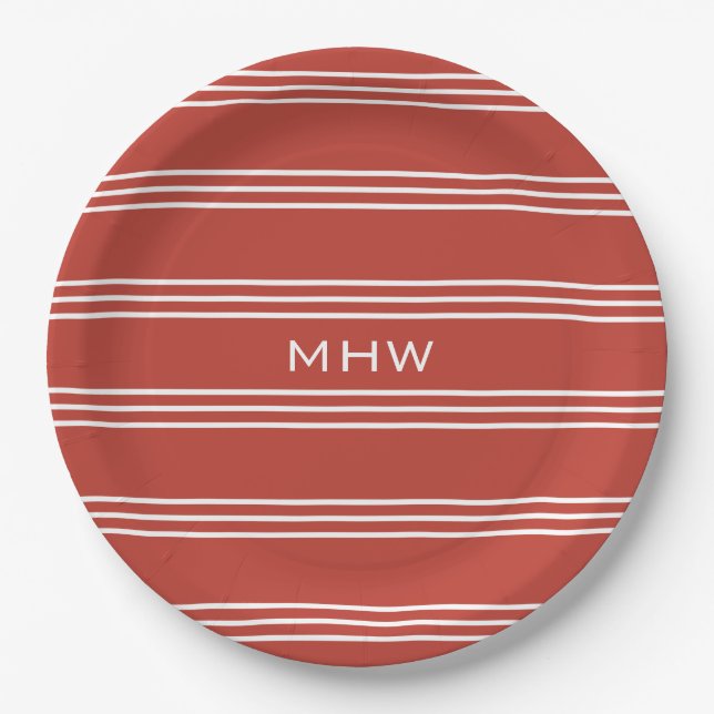 Tomato Red Stripes kundenspezifische Monogramm-Tel Pappteller (Vorderseite)