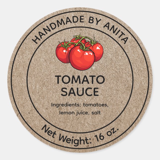 Tomato Sauce Jar Label Kraft Papierstil Runder Aufkleber (Vorderseite)