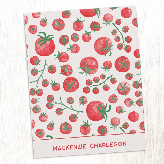 Tomato Watercolor Mediterranean Summer Personalize Mitteilungskarte (Watercolor tomato Mediterranean summer kitchen garden personalized custom name art notecards)