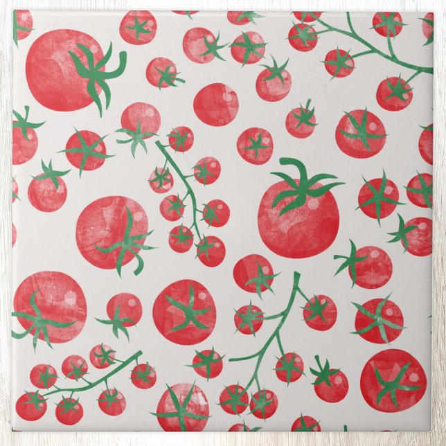 Tomato Watercolor Pattern Fliese (Fun Mediterranean summer watercolor tomato pattern ceramic tile)