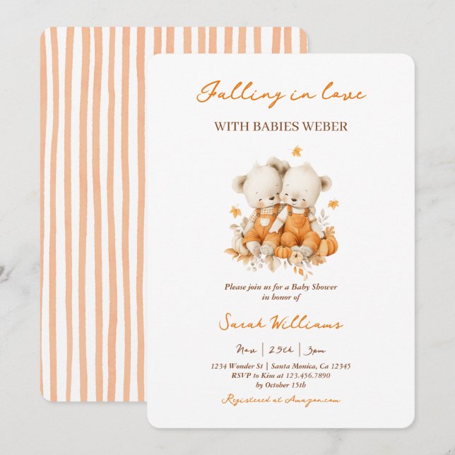 Tomber dans Love Twins Baby shower Invitation (Devant / Derrière)