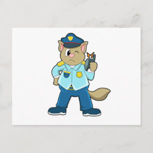 Tomcat als Polizist mit Uniform und Mikrofon Postkarte