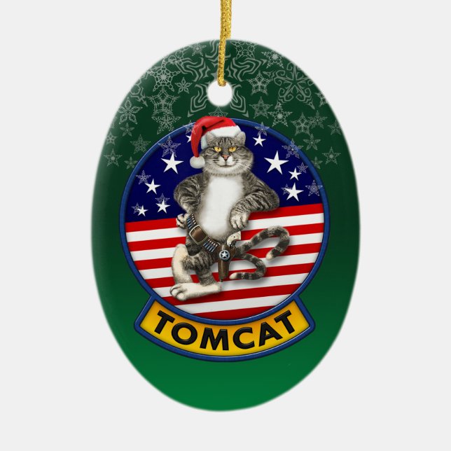 Tomcat-Maskottchen-Weihnachten Keramikornament (Vorne)