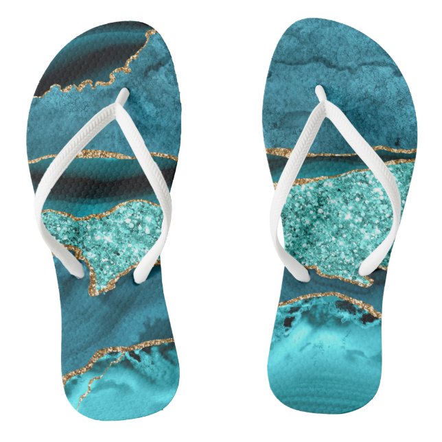 Tongs Agate Turquoise Blue Gold Parties scintillant Marb (Semelle)