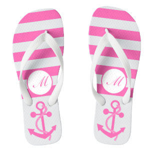 Tongs Ancre nautique rose chaud avec rayures et monogram