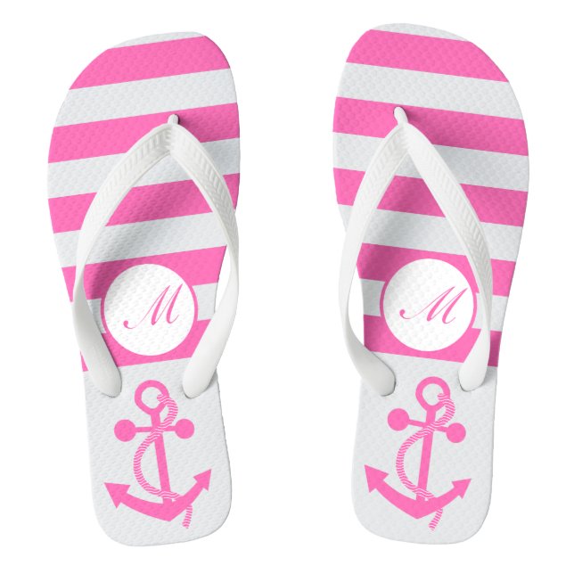 Tongs Ancre nautique rose chaud avec rayures et monogram (Semelle)
