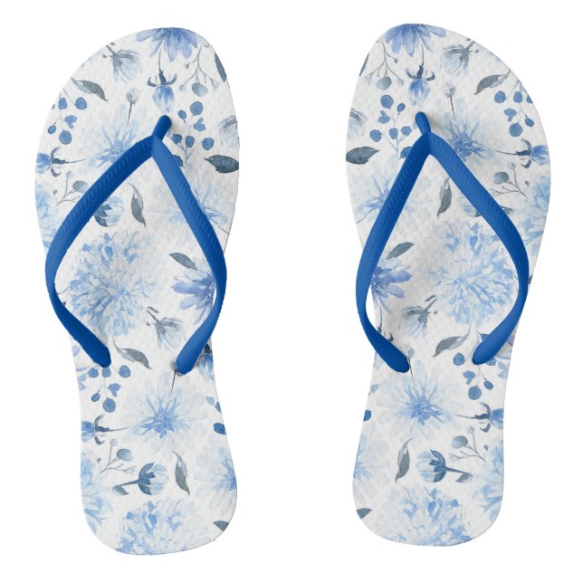 Tongs Aquarelle bleu et blanc Flore Flip Flop Sandales (Semelle)