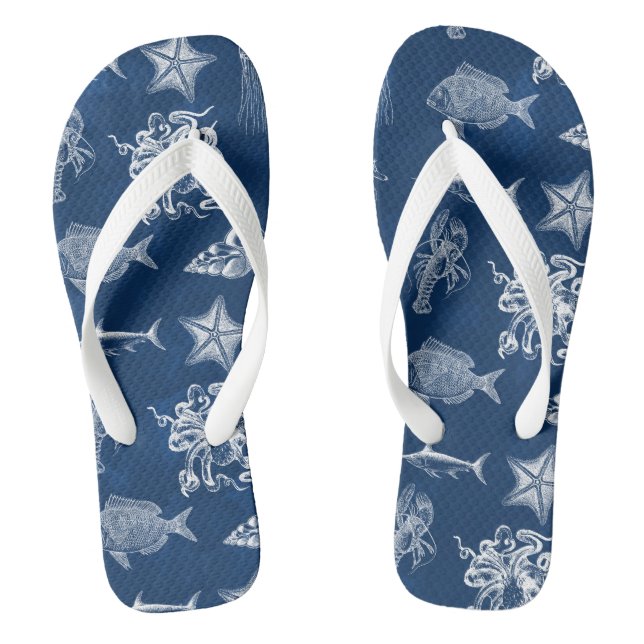 Tongs Aquarelle bleu marine Océan Animaux marins (Semelle)