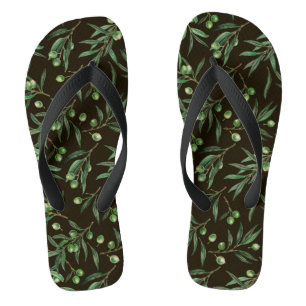 Tongs Aquarelle des branches d'olive en noir