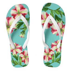 Tongs Aquarelle Rouge Petunias Rouge Blanc Turquoise Bas