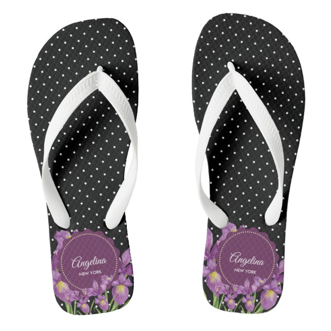 Tongs Aquarelle violet Iris noir blanc Pois (Semelle)