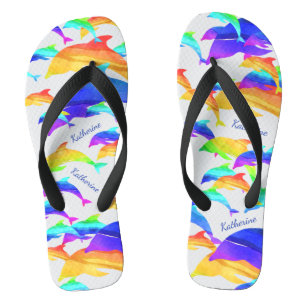 Tongs Beaux dauphins en arc-en-ciel avec prénom