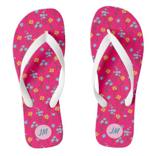 Tongs Belles Fleurs d'été rose jaune bleu + Monogramme
