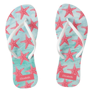 Tongs Blue Red Beach Aqua Fish Motif