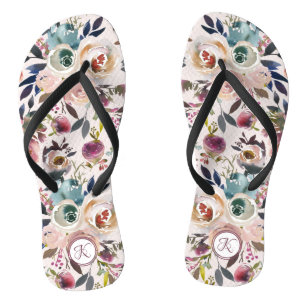 Tongs Blush Rose Vert Bohème Floral Monogramme Aquarelle