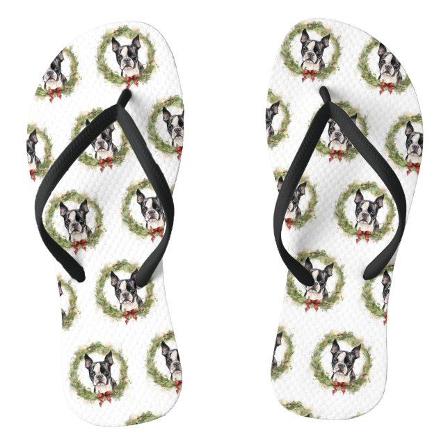 Tongs Boston Terrier Noël Wreath Festive Pup (Semelle)