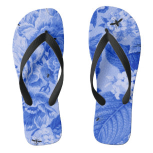 Tongs Botanique bleu et insectes Toile floral de