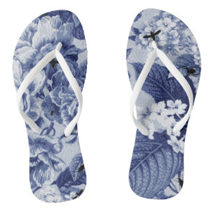 Tongs Botanique vintage et insectes Toile floral de bleu