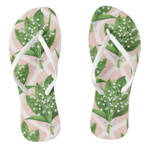 Tongs Bouquet de lys de la vallée fleurs sur rose