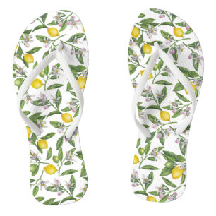 Tongs Branches de citron avec fleurs et fruits sur blanc