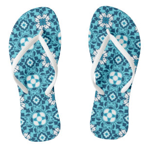 Tongs Carreau floral marocain, indigo, bleu ciel et blan