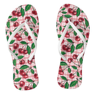 Tongs Cerises rouges sur en vichy rose