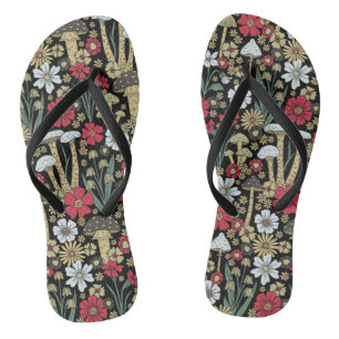 Tongs Champignons et fleurs rouges et verts