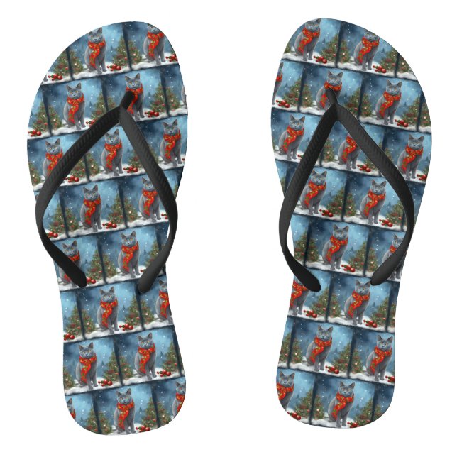 Tongs Chat bleu russe à Noël de neige (Semelle)