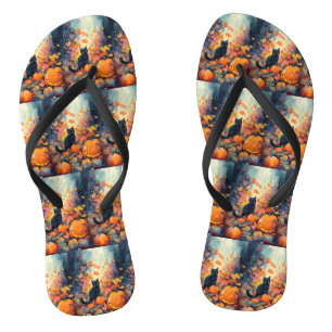 Tongs Chat noir d'Halloween avec citrouilles effrayant