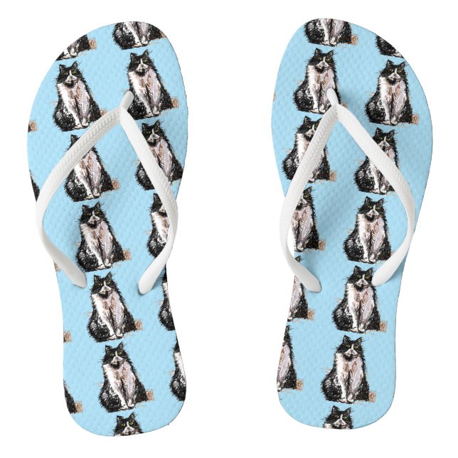 Tongs Chat Tuxedo Noir et Blanc Chats Mignons Bleu  (Semelle)