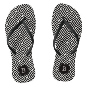 Tongs Chic élégant moderne noir ivoire grec clé Monogram