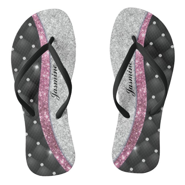 Tongs Chic girly faux parties scintillant argent noir ro (Semelle)
