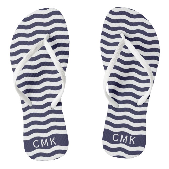 Tongs Chic Marine Bleu Vagues Nautiques Plage Monogramme (Semelle)