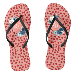 Tongs Chic monogrammé rouge coeur fleur bleue sur rose
