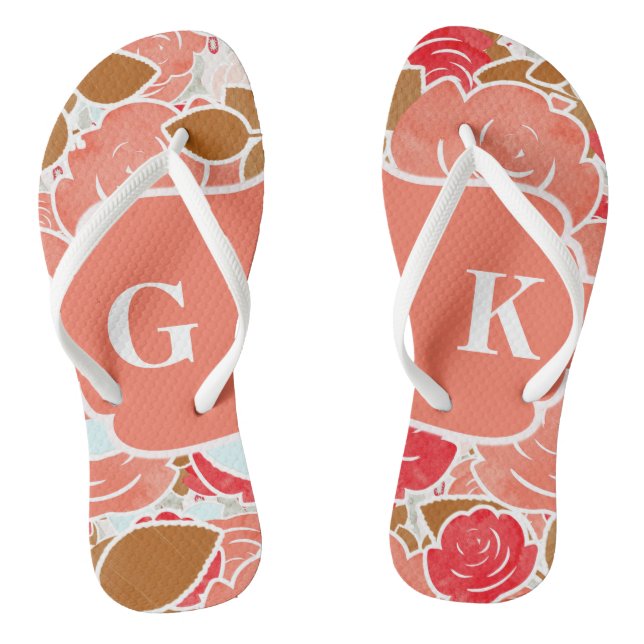 Tongs Chic or & Pêche Aquarelle Rose Floral Monogramme (Semelle)