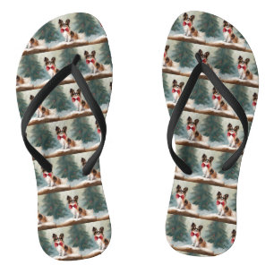 Tongs Chien de Papillon à Noël de neige