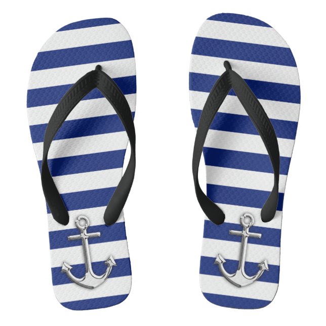 Tongs Chrome Comme Ancre Nautique Marine Bleu Stripes (Semelle)