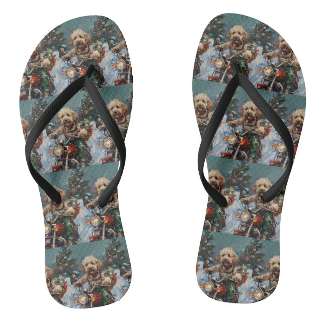Tongs Cockapoo Chien chevauchant la moto Noël (Semelle)