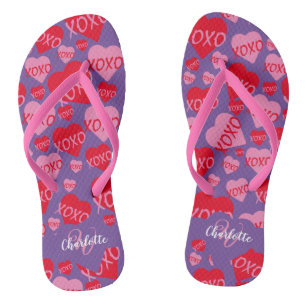 Tongs Coeurs motifs XOXO Aimer Rouge rose violet Monogra