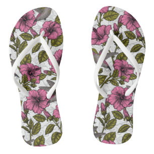 Tongs Colibris et fleurs d'hibiscus roses