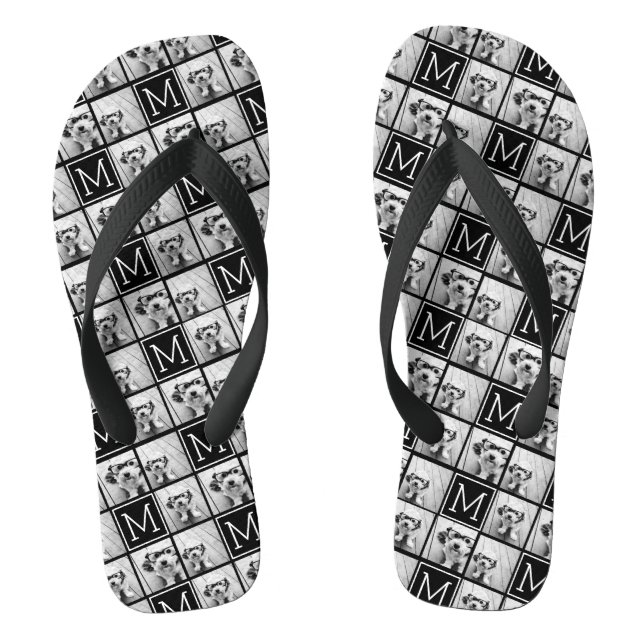 Tongs Collage photo tendance noir et blanc avec Monogram (Semelle)