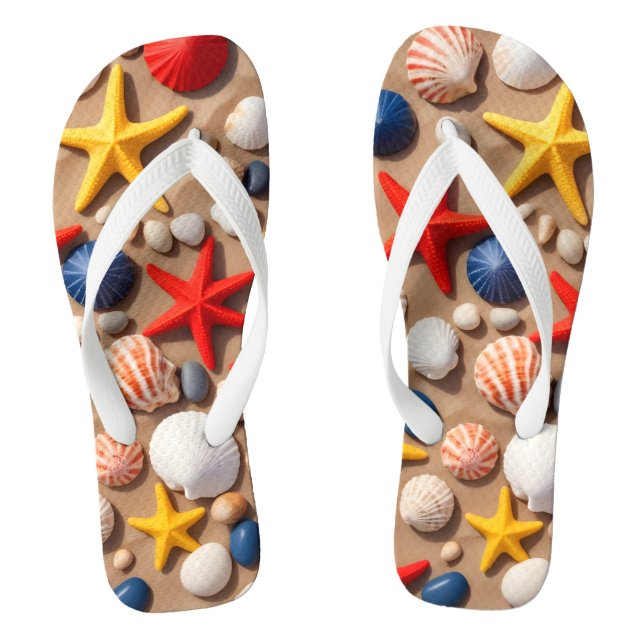 Tongs Coquillages, étoiles de mer et galets sur une plag (Semelle)