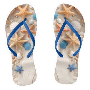 Tongs Coquillages, étoiles de mer et galets sur une plag