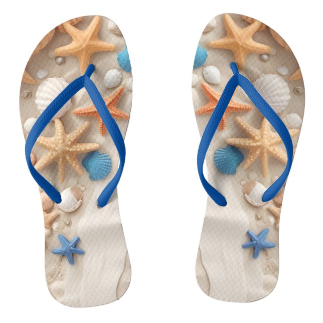 Tongs Coquillages, étoiles de mer et galets sur une plag (Semelle)