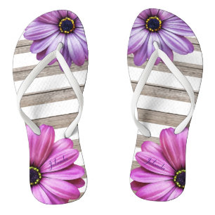Tongs Cute Daisies Wood White Stripes Ajouter un nom
